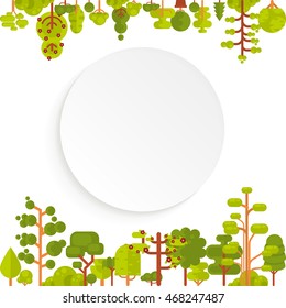 Stock vector illustration of green trees and bushes top and bottom on a white background in a flat style with bare circle banner or round sticker of paper for Environmental Design, eco, ecology