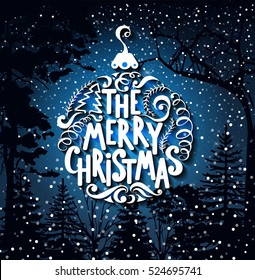 Stock vector illustration of a greeting card with inscription Merry Christmas lettering on the background of night landscape with starry sky and silhouettes of trees