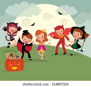 Stock vector illustration of a group of children in costume Halloween witch, devil, cat, vampire end princess and having fun at a holiday party