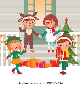 Stock vector illustration of a group of happy children on Christmas costumes snowman, reindeer, Santa Claus and elf fun in the yard of his house.