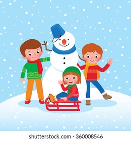 Stock vector illustration of group of kids boys and girls playing in winter outdoors