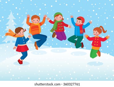 Stock vector illustration of group of kids boys and girls playing in winter outdoors/Group of kids playing in the winter outdoors/Stock vector illustration