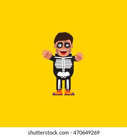 Stock vector illustration a guy in a skeleton costume character for halloween in a flat style