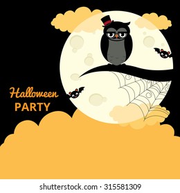 Stock vector illustration Halloween night owl in hat sits on a branch surrounded bats