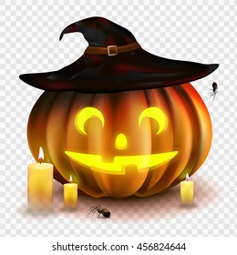 Stock vector illustration Halloween pumpkin isolated on a transparent background. Jack o lantern. Witch Hat, candles, spiders. EPS 10