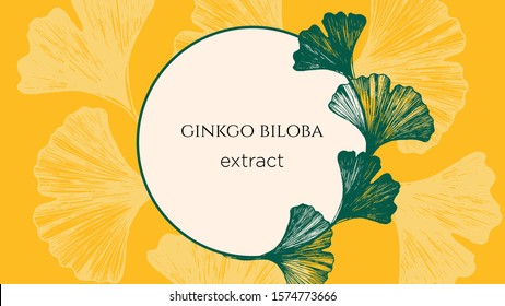 Stock vector illustration with hand drawn  japanese ginkgo biloba leaves. Concept for medical or cosmetics banner with yellow background. Organic and natural leaves around the centre and copy space