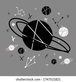 Stock vector illustration of hand drawn space background with planets and stars. Space banner, poster. Universe, space travel, space exploration. Cartoon style.