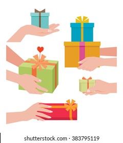 Stock vector illustration of a hand giving a gift box isolated on white background