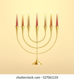 Stock vector illustration Hanukkah menorah with candles. Jewish candlestick. Festival of Lights, Feast of Dedication. Hanukkah golden menorah. EPS 10