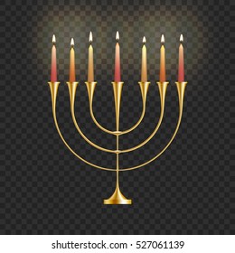 Stock vector illustration Hanukkah menorah with candles isolated on a transparent background. Jewish candlestick. Festival of Lights, Feast of Dedication. Hanukkah golden menorah. EPS 10