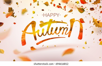 Stock vector illustration Happy Autumn falling leaves. Autumnal foliage fall and poplar leaf flying in wind motion blur. Autumn design. Templates for placards, banners, flyers, presentations, reports.