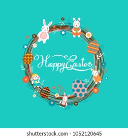 Stock vector illustration Happy Easter wreath with Easter bunny, colored Easter eggs, spring decoration, leaves, flowers on blue background to printed materials, website, postcard, greeting
