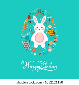 Stock vector illustration Happy Easter with Easter bunny, colored Easter eggs, spring decoration, leaves, flowers in flat style on blue background to printed materials, website, postcard, greeting