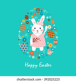 Stock vector illustration Happy Easter with bunny in polka-dot dress, colored eggs, spring decoration, leaves, flower in flat style on blue background to printed materials, website, postcard, greeting