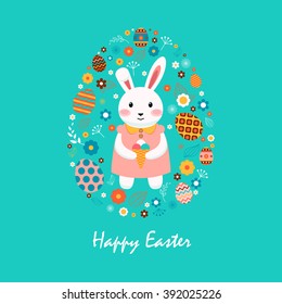 Stock vector illustration Happy Easter bunny in dress with ice cream, colored eggs, spring decoration, leave, flowers in flat style on blue background to printed materials, website, postcard, greeting