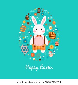 Stock vector illustration Happy Easter bunny in shorts with braces, colored eggs, spring decoration, leaves, flowers in flat style on blue background to printed materials, website, postcard, greeting