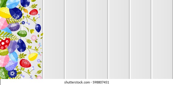 Stock vector illustration Happy Easter background colored eggs, spring decoration, leave, tulip flower design element in flat style for printed material, postcard, greeting, festive card banner, flyer