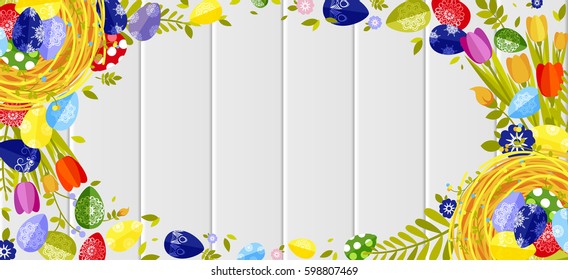 Stock vector illustration Happy Easter background colored eggs, spring decoration, leave, tulip flower design element in flat style for printed material, postcard, greeting, festive card banner, flyer