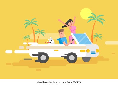 Stock vector illustration happy guy drives white convertible, man and joyful brunette  woman with their dog rush by car among palm trees on yellow background, cheerful couple on vacation in flat style