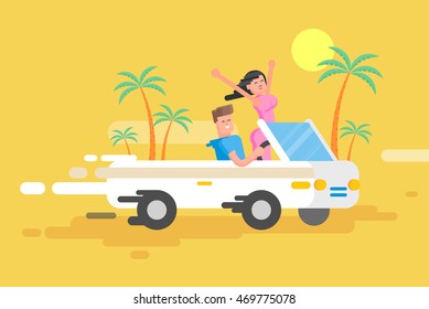 Stock vector illustration happy guy drives a white convertible, man and joyful brunette  woman rushes by car among a palm trees on a yellow background, cheerful couple on vacation in a flat style