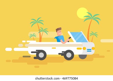 Stock vector illustration happy guy drives a white convertible, man rushes by car among a palm trees on a yellow background in a flat style