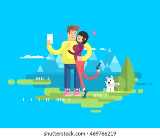 Stock vector illustration of happy married couple on vacation, man and woman embrace and make selfie on background of lake and snow-capped mountains, dog tags territory and pissing on bush, flat style