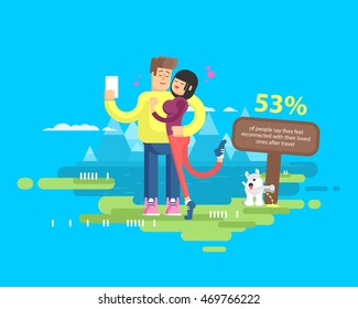 Stock vector illustration of happy married couple on vacation, man and woman embrace and make selfie on background of lake and snow-capped mountains, dog tags territory and pissing on pole, flat style