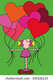 Stock vector illustration of happy smiling girl holding heart shaped balloons