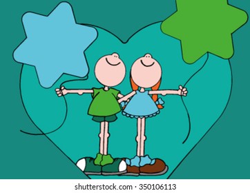Stock vector illustration of happy smiling boy and girl holding balloons
