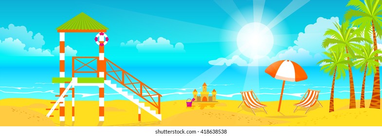 Stock vector illustration of happy sunny summer day at the beach with lifeguard tower on island with bright sun, palm trees in flat style element for info graphic, website, games, motion design