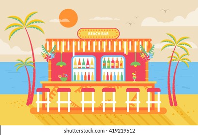 Stock vector illustration of happy sunny summer day beach, bar counter, barstools recreation on island, bright sun, palm trees in flat style element for info graphic, website, games, motion design