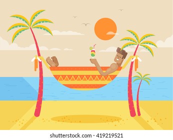 Stock vector illustration of happy sunny summer day at beach with tanned man in hammock holding cocktail, bright sun, palm trees in flat style element for info graphic, website, games, motion design