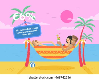 Stock vector illustration of happy tanned couple on vacation, man and woman rests in a hammock between two palm trees on the coast, the guy holding a cocktail on the beach in the flat style
