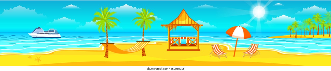 Stock vector Illustration header title tourist website. Ship white liner travel sea beach sand ocean palm sun bungalow. Wide banner footer site background image picture backdrop flat style design