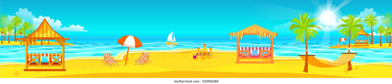 Stock vector Illustration header title tourist website. Ship white liner travel sea beach sand ocean palm sun bungalow. Wide banner footer site background image picture backdrop flat style design