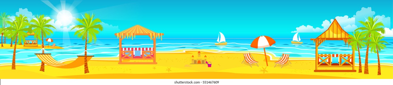 Stock vector Illustration header title tourist website. Ship white liner travel sea beach sand ocean palm sun bungalow. Wide banner footer site background image picture backdrop flat style design