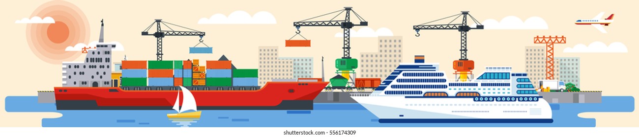 Stock vector illustration header title transport website. Flat design infographic port loading crane transportation ship delivery sea  background. Corporate business style Wide banner site image