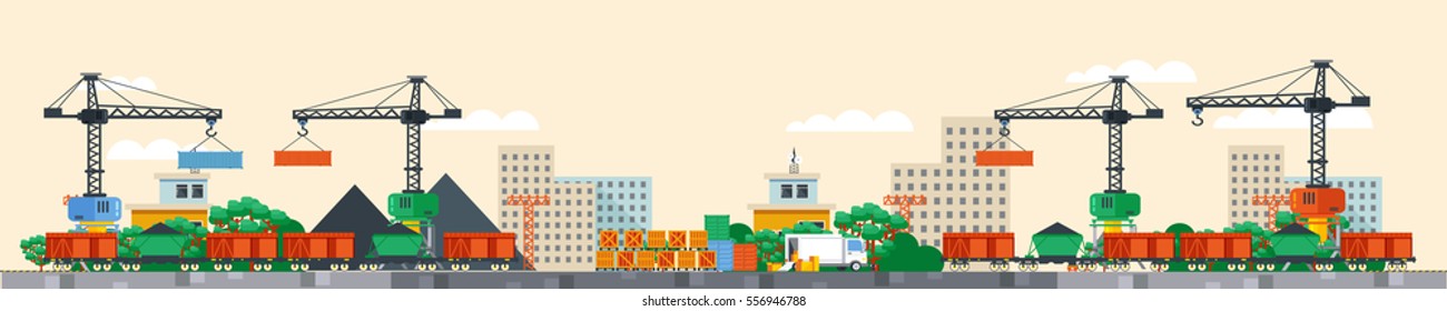 Stock vector Illustration header title transport website. Flat style design infographic rail train container railway transportation logistic traffic goods cargo. Banner footer site background image