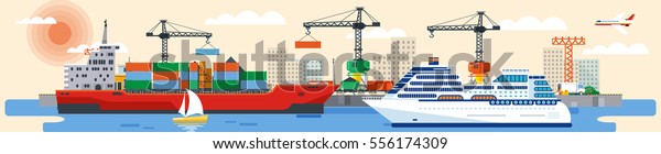 Stock vector illustration header title transport\
website. Flat design infographic port loading crane transportation\
ship delivery sea  background. Corporate business style Wide banner\
site image