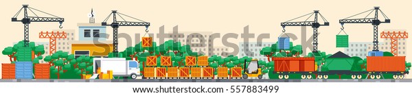 Stock vector Illustration header title transport\
website. Flat style design infographic rail train container railway\
transportation logistic traffic goods cargo. Banner footer site\
background image