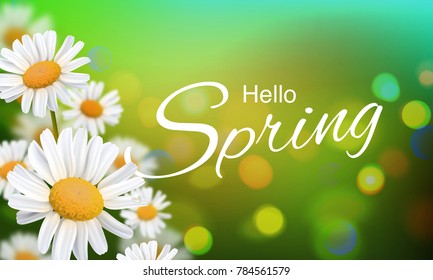 Stock vector illustration Hello, Hi Spring. Realistic chamomiles, blurred defocused background. Macro flowers. Green bokeh. Templates for placards, banners, flyers, presentations, reports. EPS10
