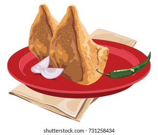 Stock vector illustration of Homemade Samosas served in a red plate with green chilly and onion, scalable artwork
