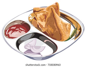 Stock vector illustration of Homemade Samosas served in a stainless steel plate with green chilly and onion, scalable artwork