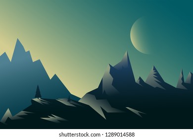 Stock vector illustration horizontal background twilight mountain landscape in flat style at night with big moon, silhouettes of mountains and trees. Design element for print.