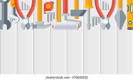 Stock vector illustration horizontal background for banner, printed materials, Labor Day cards, corporate identity, website design element, header, building tools repair, construction in flat style