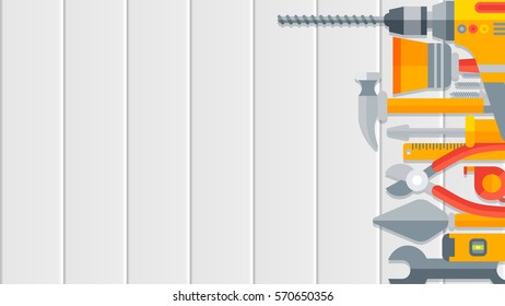 Stock vector illustration horizontal background for banner, printed materials, Labor Day cards, corporate identity, website design element, header, building tools repair, construction in flat style