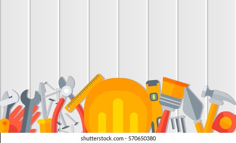 Stock vector illustration horizontal background for banner, printed materials, Labor Day cards, corporate identity, website design element, header, building tools repair, construction in flat style