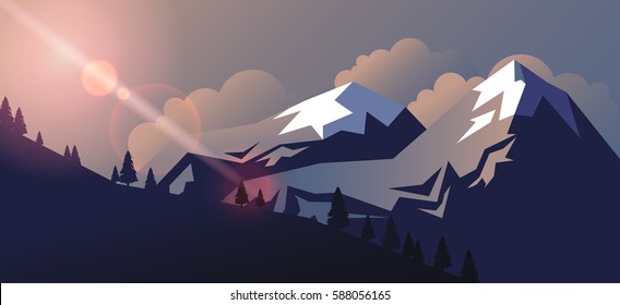 Stock vector illustration horizontal background mountain landscape in flat style at sunset or sunrise sunshine, solar beams, sunlight, snow-capped peaks design element for print, site header, brochure