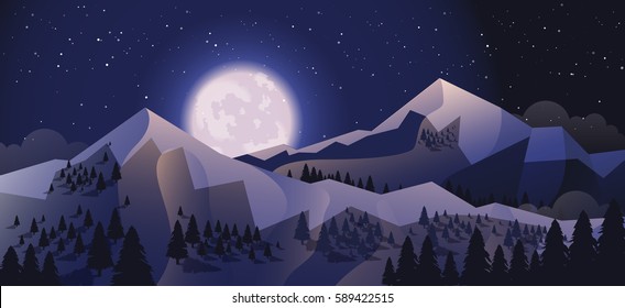 Stock vector illustration horizontal background mountain landscape in flat style at night, stars, big full moon snow-capped peaks design element for print, printed materials, site header, brochure