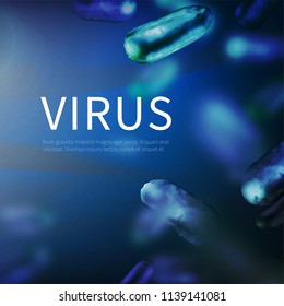 Stock vector illustration horizontal blue background with realistic viruses microorganisms. Pandemic disease screensaver medical bacterium Templates for placard banner flyer presentation report EPS10